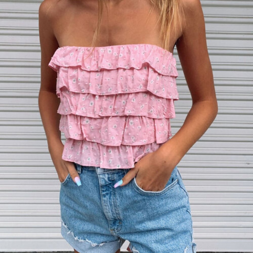 Skylar and Madison pink floral strapless top, size small